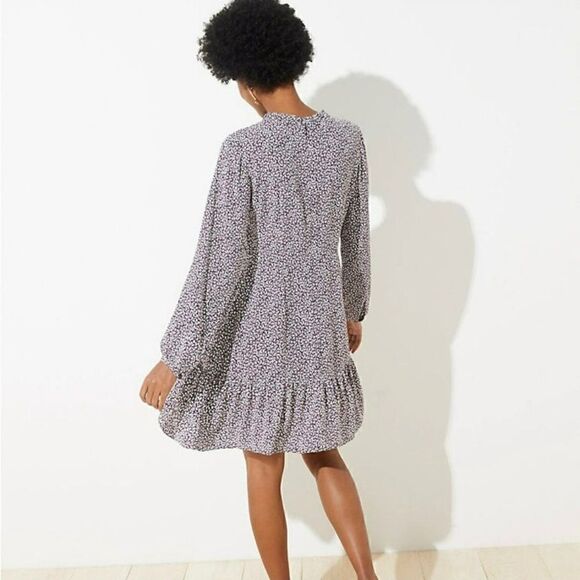 Loft Vine Ruffle Tie Neck‎ Dress Knee Length Long Sleeves Purple Women Size 8 - Picture 2 of 14